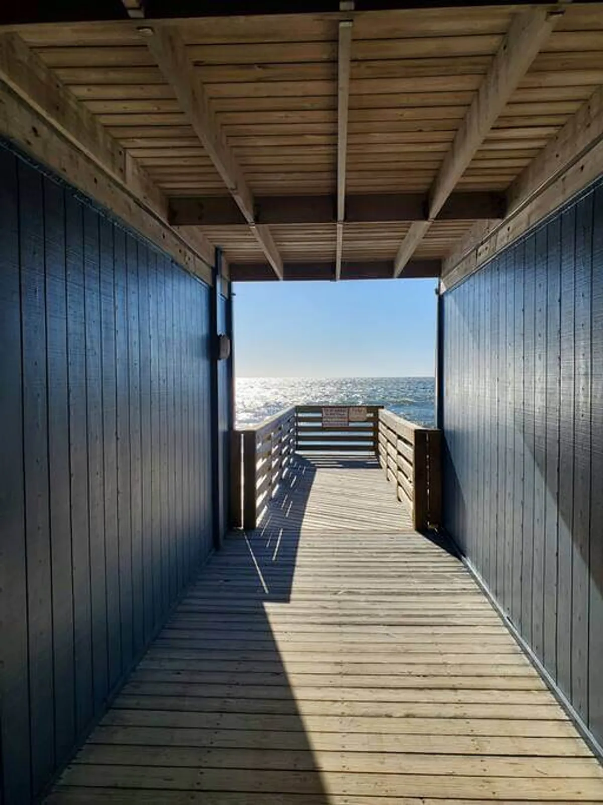 A wooden walkway overlooks a panoramic ocean view, with blue walls adding a pleasant coastal accent. The tranquil setting is ideal for morning reflections or an evening stroll with a loved one, evoking peace and privacy.